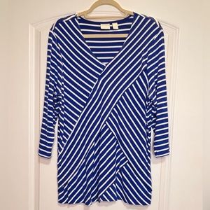 Chico’s | Sz 2 ( LARGE ) | Blue & White Vertical Striped 3/4 Sleeves Top - EUC